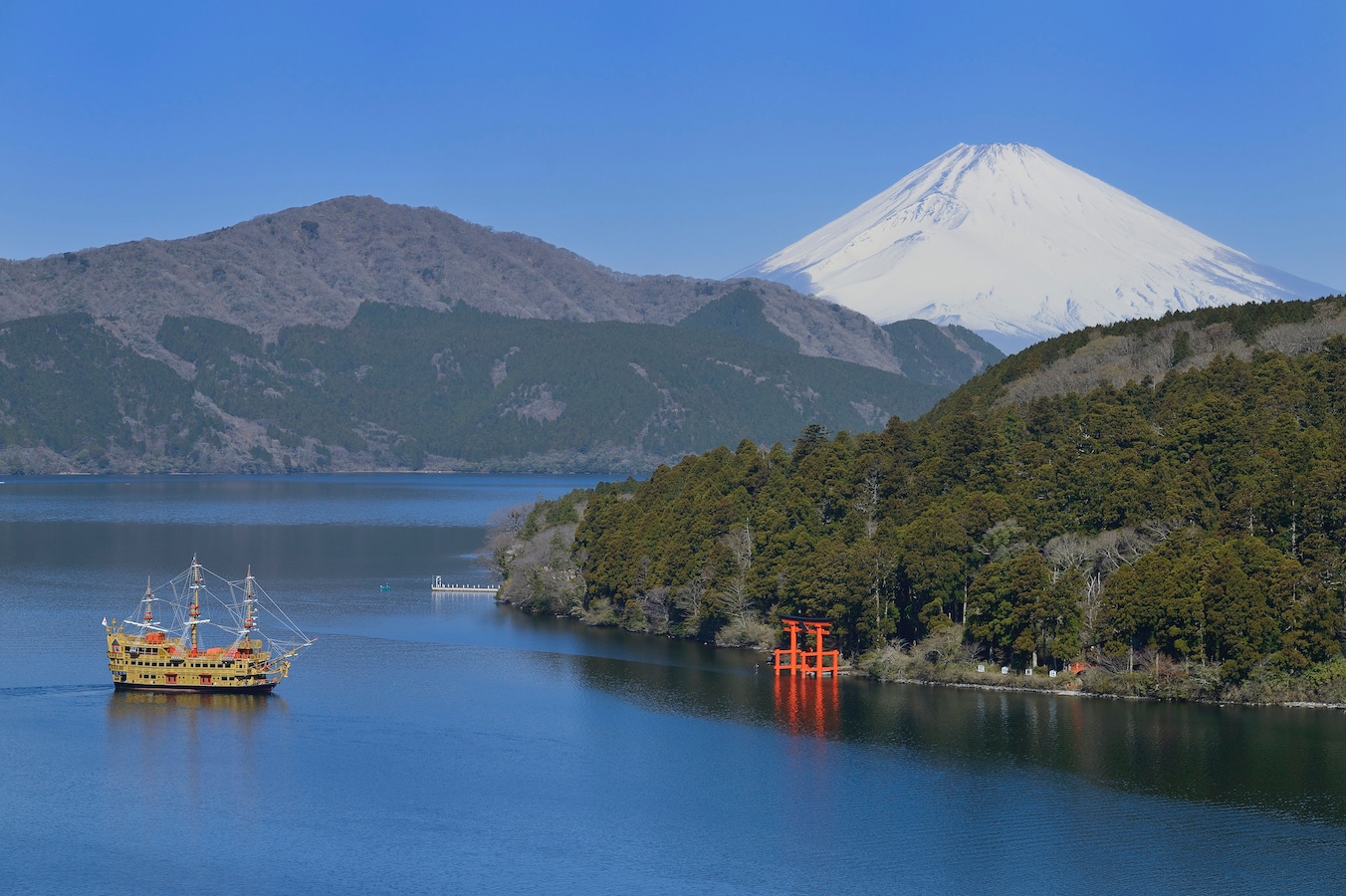 芦ノ湖から富士山と箱根神社を望む